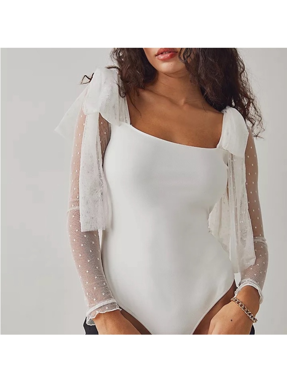 Free People Tongue Tied Lace Mesh Tie Shoulder Bodysuit in Ecru